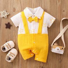 Baby Boy Crepe Short-sleeve Party Outfit Stars Print Splicing Bow Tie Romper