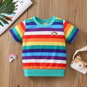 Baby-Jungen-/Mädchen-Regenbogen besticktes buntes gestreiftes Kurzhülse T-Shirt