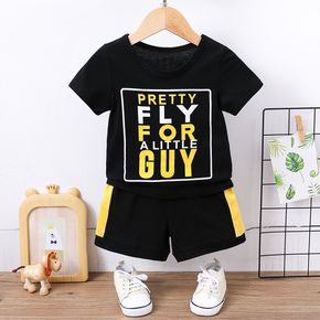 2pcs Baby Boy 95% Cotton Short-sleeve Letter Print Black T-shirt and Colorblock Shorts Set
