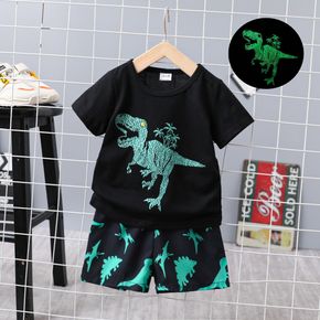 2pcs Baby Boy Glow In The Dark Dinosaur Print Short-sleeve T-shirt and Shorts Set