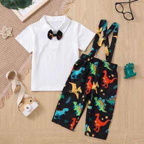 2pcs Toddler Boy Playful Bow tie Design Polo Shirt and Dinosaur Print Capri Suspender Pants Set