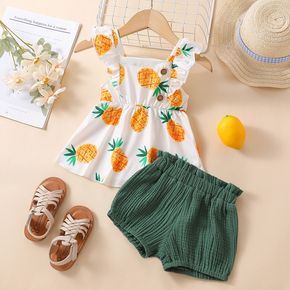 2pcs Baby Girl All Over Pineapple Print Sleeveless Ruffle Top and Crepe Shorts Set