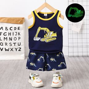 2pcs Toddler Boy Trendy Luminous Vehicle Print Tank Top and Shorts Set