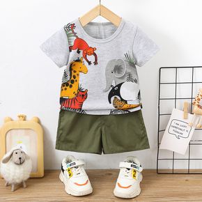 2pcs Baby Boy 100% Cotton Solid Shorts and Allover Animal Print Short-sleeve T-shirt Set