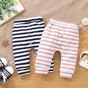 Baby Girl Button Design Striped Waffle Pants Leggings