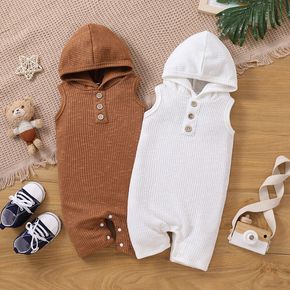 Baby Boy/Girl Button Front Solid Rib Knit Hooded Tank Romper
