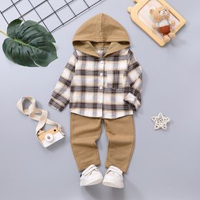 2pcs Baby Boy 95% Cotton Solid Pants and Hooded Long-sleeve Plaid Shirt Set