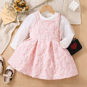 2pcs Toddler Girl Sweet Mesh Design Tee and Textured Overall Dress Set