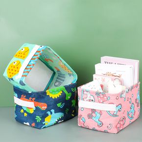 Cartoon Print Foldable Storage Basket with Handle Waterproof Cotton Linen Storage Bins for Books Toys Clothes