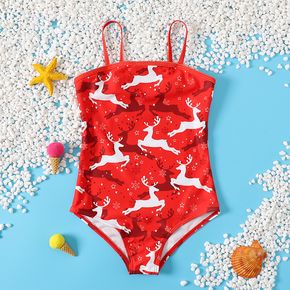 Toddler Girl Christmas Deer Snowflake Print Strap One-pieces Swimsuits