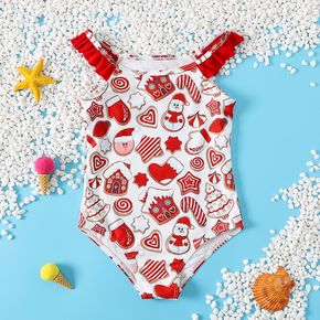 Toddler Girl Christmas Santa Tree Heart Stars Pattern Ruffled One-piece Swimsuits