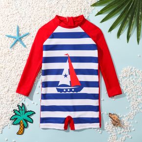 Einteiliger Badeanzug mit langen Ärmeln und Streifen für Kleinkinder, Jungen, Urlaub, Bootsaufdruck