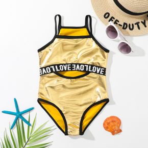 Toddler Girl Letter Print Cut Out Onepiece Slip Swimsuit
