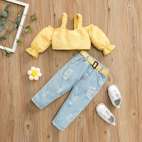 Baby 2pcs Yellow Plaid Cold Shoulder Long-sleeve Crop Top and Belted Ripped Jeans Set