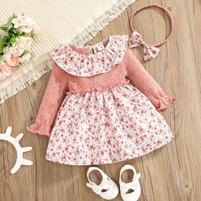 2pcs Pink Floral Print Ruffle Splicing Knitted Long-sleeve Baby Dress Set