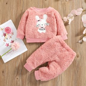 2pcs Baby Cartoon Rabbit Pink Fuzzy Fleece Long-sleeve Pullover and Trousers Set