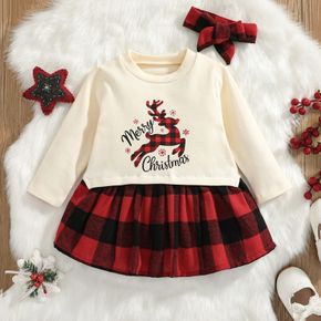 Weihnachten 2pcs Baby Rentier und Buchstabendruck Langarm rot kariertes Kleid Set