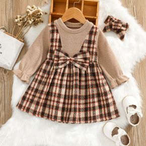 100% Cotton 2pcs Baby Brown Knitted Long-sleeve Splicing Plaid Dress Set