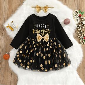 New Year 2pcs Baby Girl Letter Print Black Long-sleeve Splicing Polka Dots Mesh Romper Dress Set
