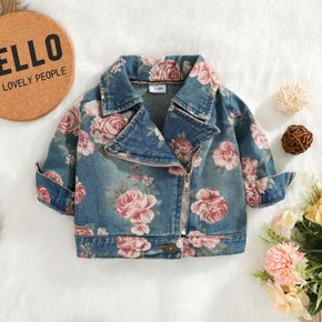 Jaqueta jeans de manga comprida com zíper e lapela 100% algodão com estampa floral para bebê