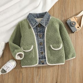 Baby Boy Lapel Collar Button Design Denim Fuzzy Splice Jacket