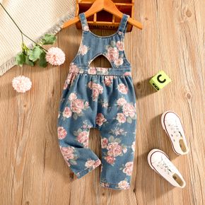 100% Cotton Baby Girl Floral Print Denim Hollow-out Sleeveless Jumpsuit