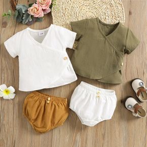 100% Cotton 2pcs Baby Girl Button Design Solid Short-sleeve Top and Shorts Set