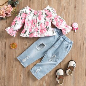 2pcs Baby Girl Floral Print Off Shoulder Lantern Sleeve Top and 100% Cotton Ripped Jeans Set
