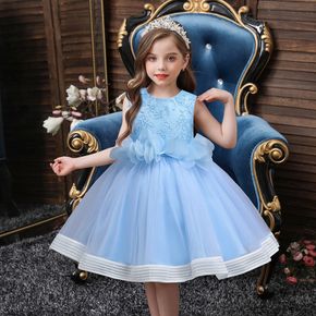 Toddler Girl 3D Floral Embroidered Bowknot Design Sleeveless Princess Party Mesh Dress