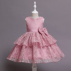 Toddler Girl Floral Pattern Bowknot Lace Design Sleeveless Layered Princess Party Dress