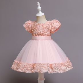 Toddler Girl Floral Pattern Puff-sleeve Bowknot Design Mesh Princess Party Dress