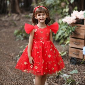 Kid Girl Christmas Bronzing Print Flutter-sleeve Princess Party Mesh Dress