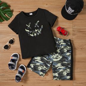 2pcs Kid Boy Face Graphic Print Short-sleeve Tee and Camouflage Print Shorts Set