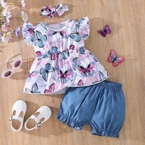 3pcs Baby Girl Allover Butterfly Print Flutter-sleeve Top and Bloomer Shorts with Headband Set