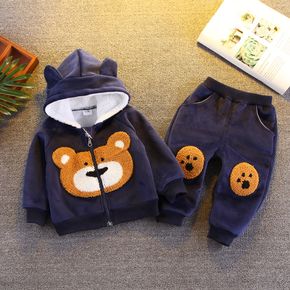 2pcs Bear Print Hooded Long-sleeve Dark Blue Baby Set