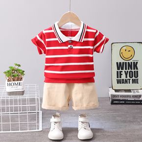 2pcs Stripe Print Polo Collar Short-sleeve Red T-shirt and Khaki Shorts Set