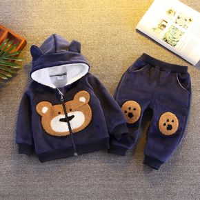 2-piece Toddler Boy Bear Embroidery Ear Decor Fluffy Jacket and Pants Casual Set