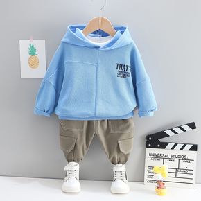 Toddler Boy 2pcs Letter Print Hooded Long-sleeve Hoodie Top and Solid Pants White or Blue Set