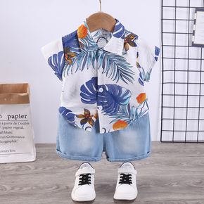 2pcs Baby Boy 95% Cotton Short-sleeve Tropical Plant Print Shirt and Denim Shorts Set