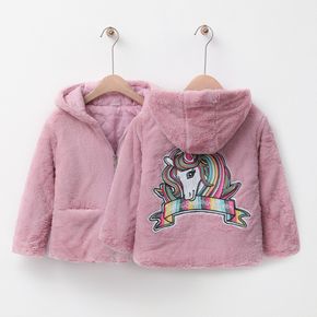 Kid Girl 100% Cotton Unicorn Embroidered Zipper Fuzzy Coat