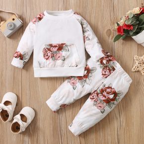 2pcs Baby Floral Print White Long-sleeve Cotton Pullover and Trousers Set