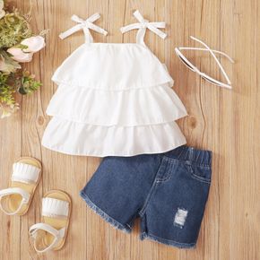 2pcs Baby Girl Solid Spaghetti Strap Layered Top and Ripped Denim Shorts Set