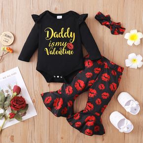 Valentine's Day 3pcs Baby Girl Letter Print Long-sleeve Romper with Red Lips Print Flared Pants with Headband Set
