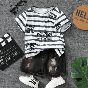 2pcs Toddler Boy Casual Ripped Denim Shorts and Letter Print Stripe Tee Set