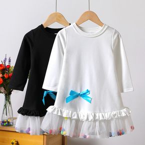 Toddler Girl Bowknot Pompom Design Ruffle Mesh Hem Long-sleeve Dress