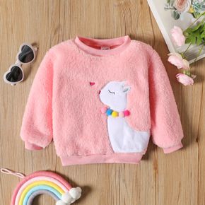 Toddler Girl Animal Embroidered Pompom Design Fuzzy Pink Sweatshirt