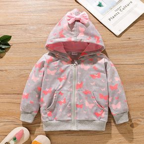 Toddler Girl Butterfly Print Bowknot Design Zipper Hooded Jacket Sweatshirt