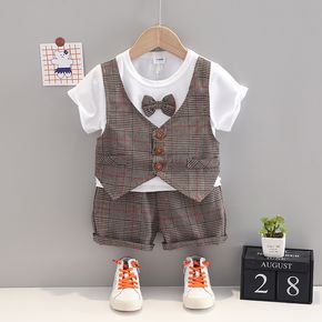 2 peças de terno cavalheiro infantil, camiseta com design de gravata borboleta e conjunto de shorts xadrez