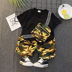 2pcs Toddler Boy Trendy Letter Camouflage Print Bag Design Tee and Shorts Set