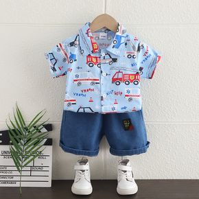 2pcs Toddler Boy Playful Denim Jeans Shorts and Vehicle Print Lapel Collar Shirt Set